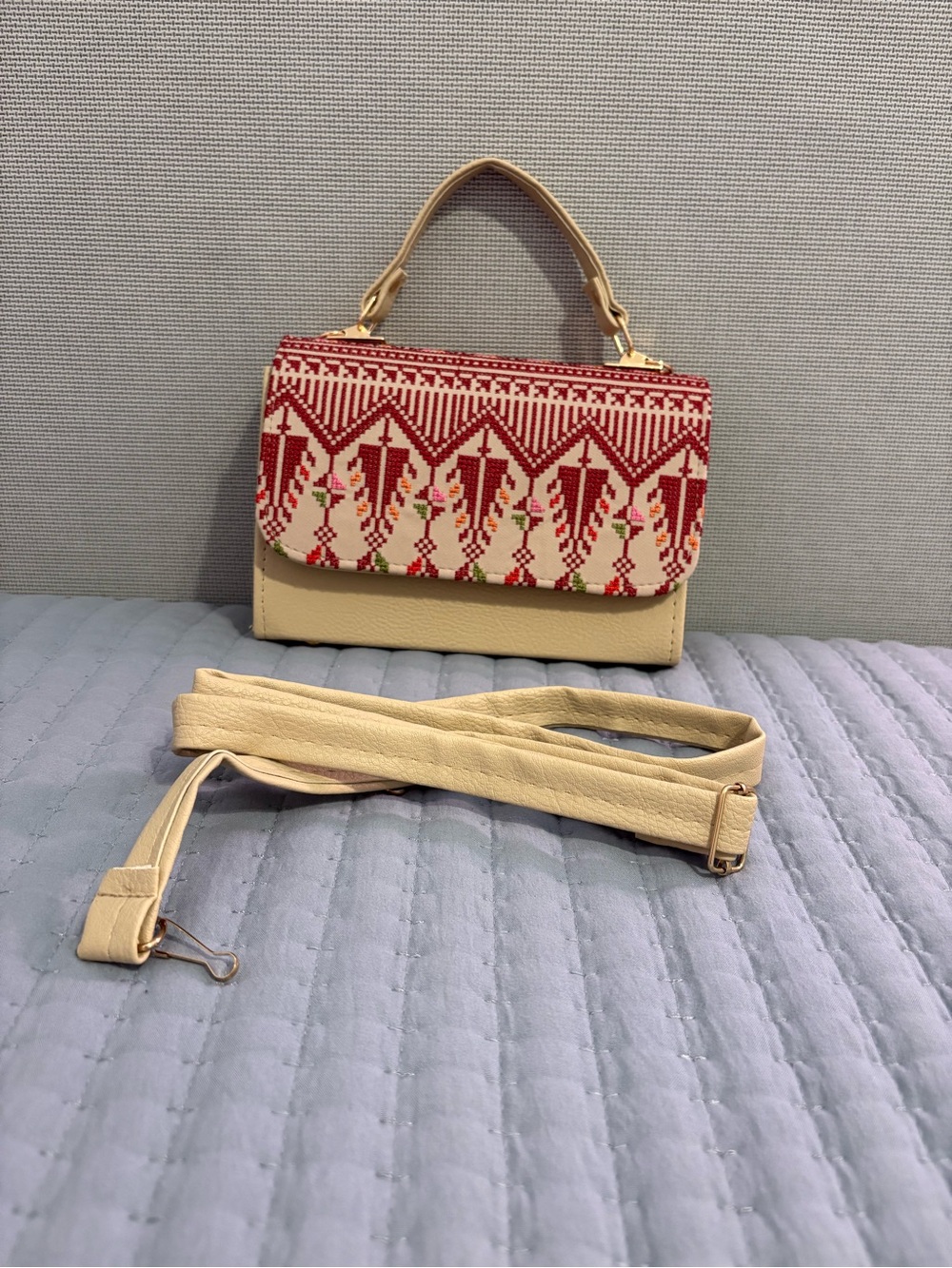 Beige and Red Embroidered Top-Handle Crossbody Bag